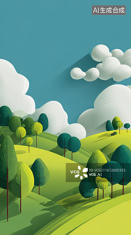【AI数字艺术】绿色丘陵与树木的风景图片素材