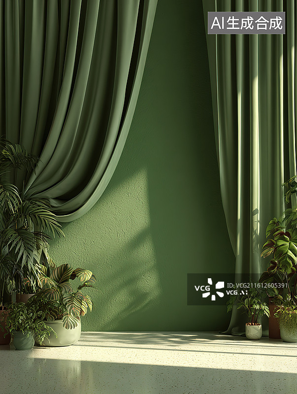 【AI数字艺术】绿色窗帘与室内绿植图片素材