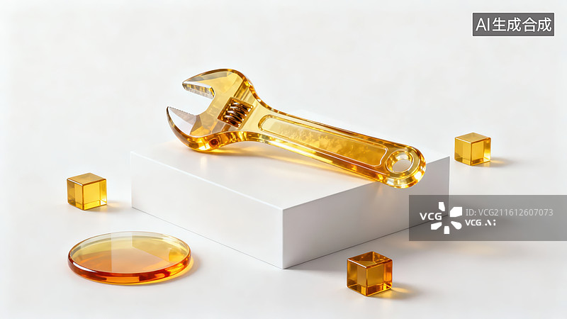 【AI数字艺术】透明金色扳手与立方体图片素材