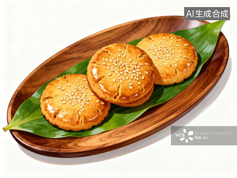 【AI数字艺术】木盘上的三块芝麻饼图片素材