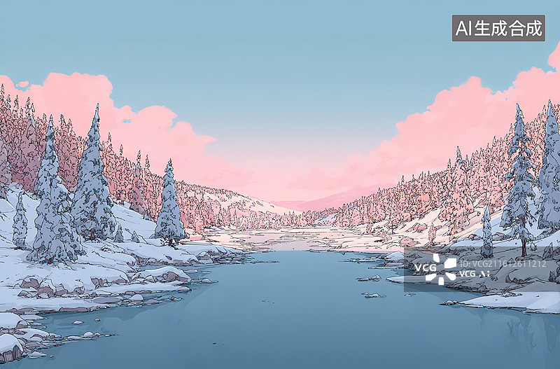 【AI数字艺术】雪覆森林与冰河冬景图片素材
