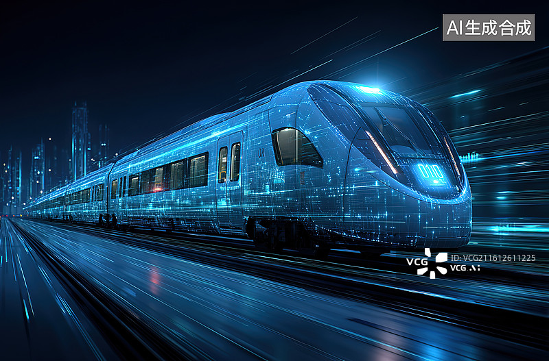 【AI数字艺术】高速列车夜间行驶场景图片素材