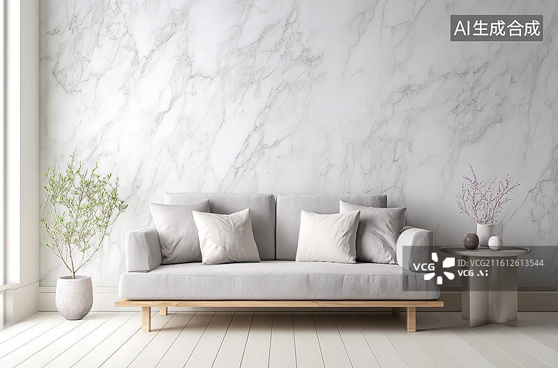 【AI数字艺术】简约客厅沙发与大理石墙图片素材