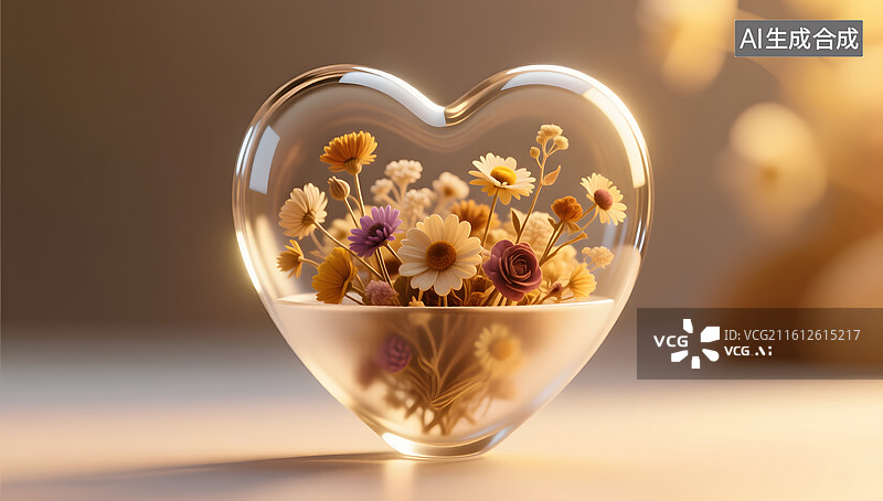 【AI数字艺术】磨砂玻璃爱心容器盛满复古干花美境图片素材