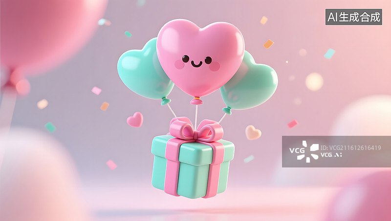 【AI数字艺术】充满梦幻气息的爱心气球与节日礼盒商业插画图片素材