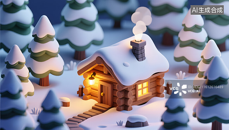 【AI数字艺术】雪中小木屋散发温馨治愈的光影氛围图片素材