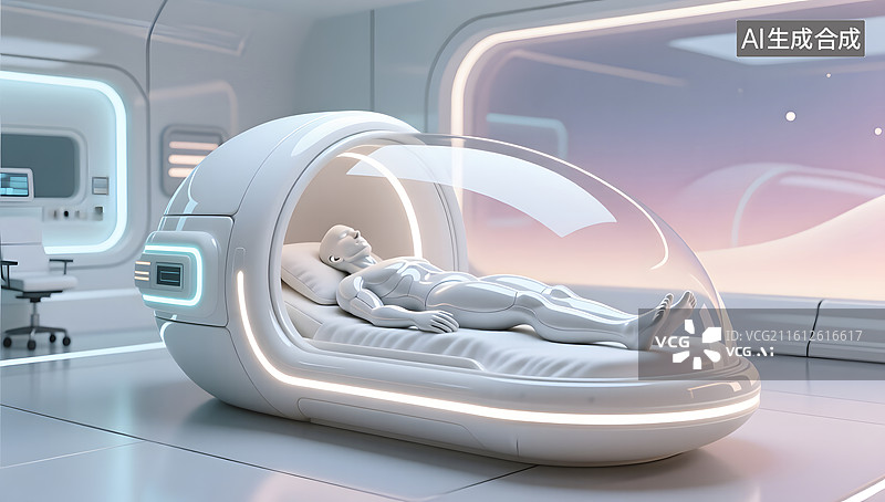 【AI数字艺术】采用人体工学设计的科幻白色睡眠舱设备图片素材