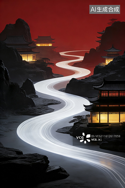 【AI数字艺术】夜色中的山间小路图片素材