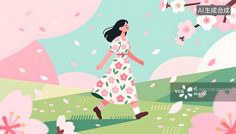 【AI数字艺术】春日踏青的年轻女性在花海漫步图片素材