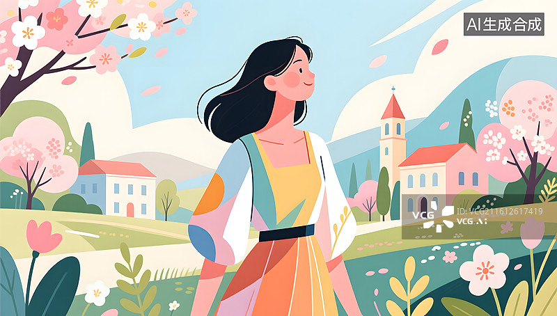 【AI数字艺术】春日风景中女性成为抽象插画主角图片素材
