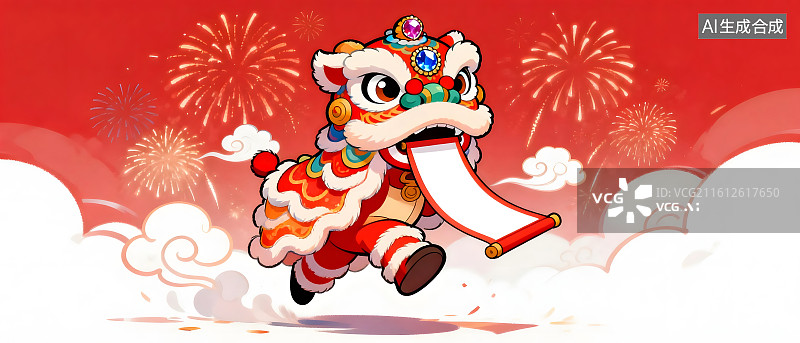 【AI数字艺术】烟花中跳跃的舞狮插画图片素材