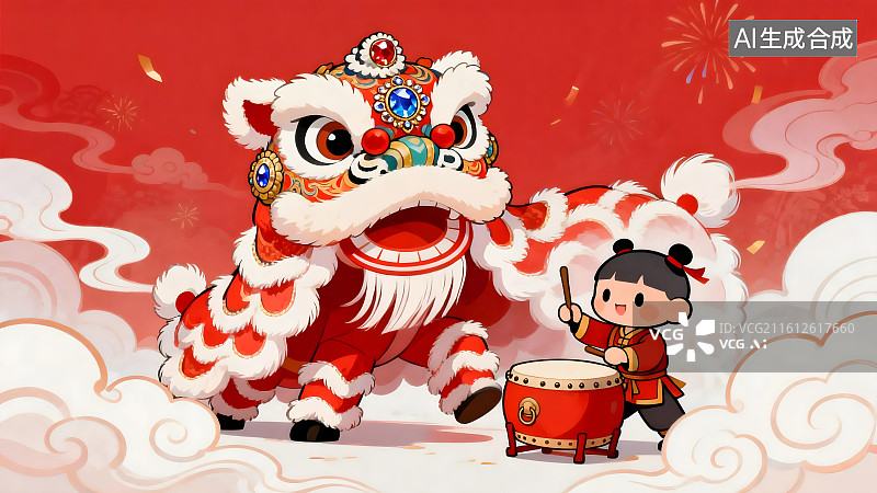 【AI数字艺术】舞狮与鼓手春节表演插画图片素材