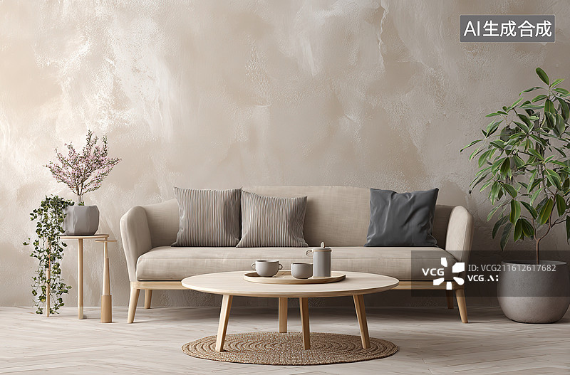 【AI数字艺术】简约客厅布置与绿植装饰图片素材