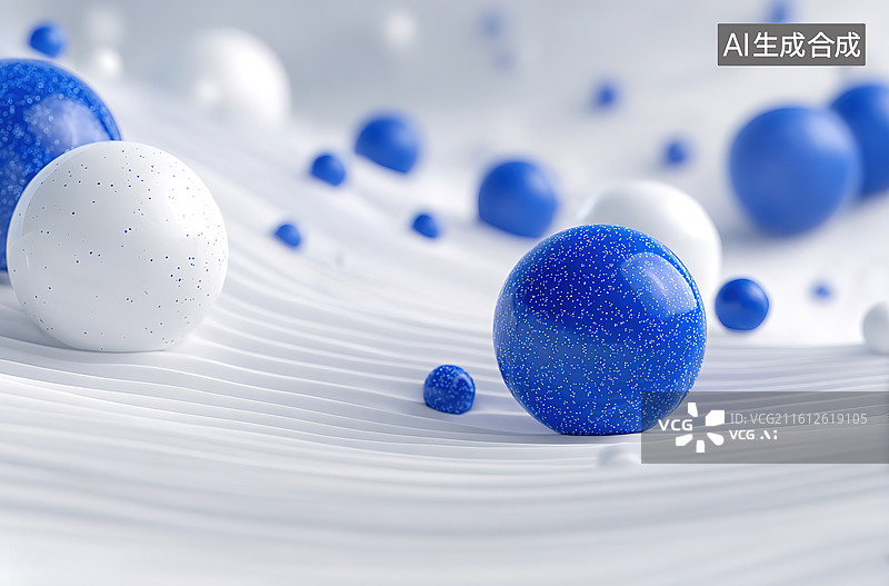 【AI数字艺术】蓝白球体在波纹表面排列图片素材