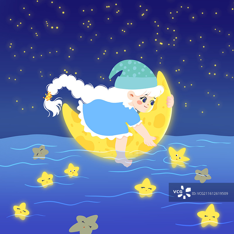 儿童治愈插画女孩坐着月亮船图片素材