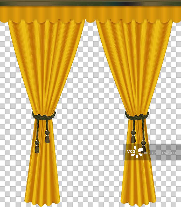 带有窗帘头和窗帘结的金色窗帘图片素材