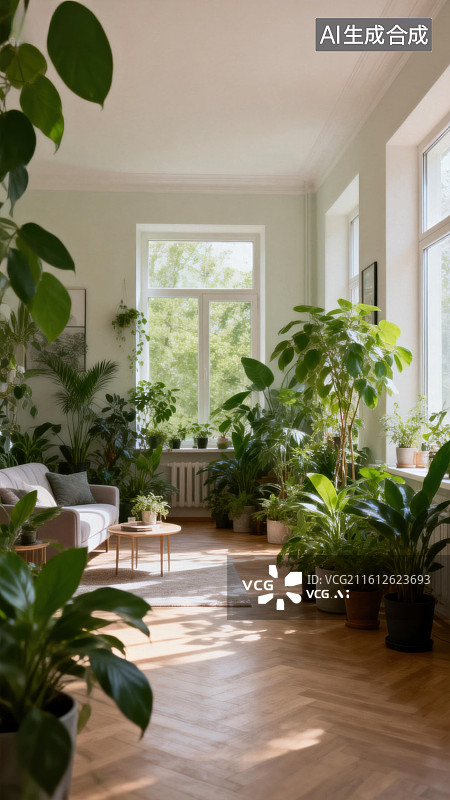 【AI数字艺术】绿植环绕的明亮客厅图片素材