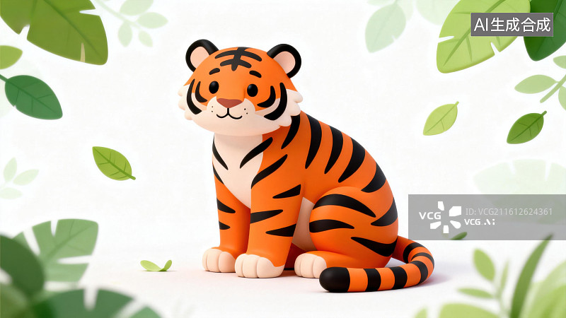 【AI数字艺术】卡通老虎坐在绿叶背景前图片素材
