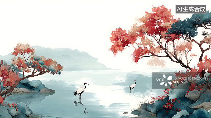 【AI数字艺术】湖中白鹤与红叶树木图片素材