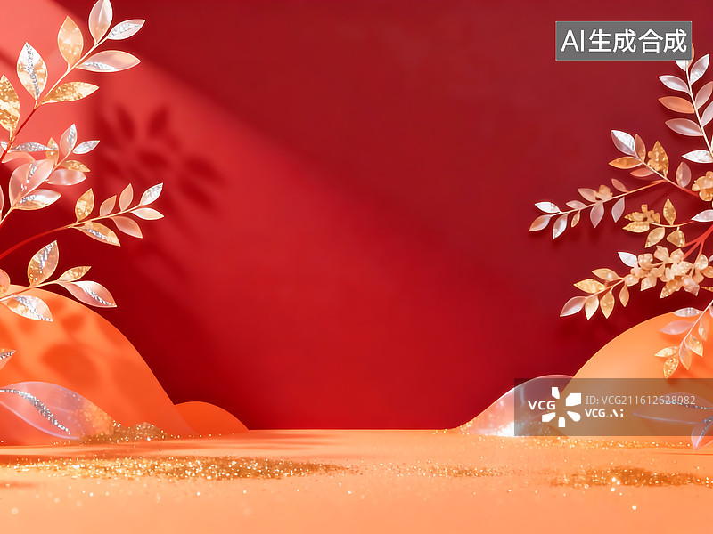 【AI数字艺术】红橙金叶闪粉背景：暖调质感装饰设计素材 适配品牌发布会电商促销的营销活动主视觉画面图片素材