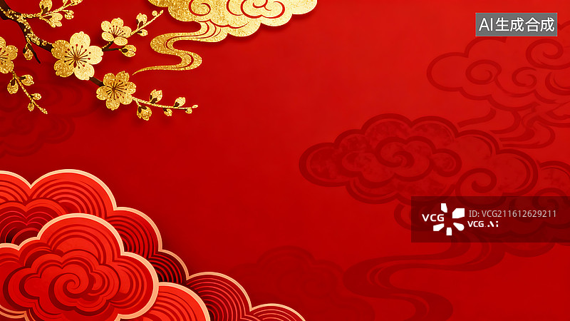 【AI数字艺术】红金梅花祥云背景：国风喜庆装饰设计素材 适配新年促销品牌年会的营销活动主视觉画面图片素材