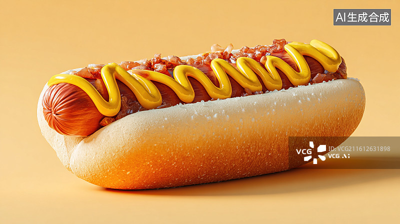 【AI数字艺术】浅黄背景下的芥末热狗美食场景图片素材