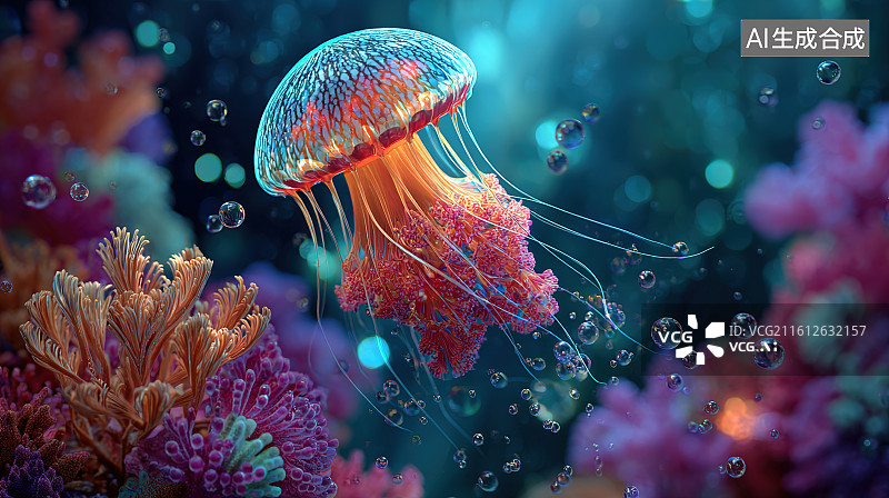 【AI数字艺术】梦幻风彩色水母珊瑚水下海洋场景图片素材