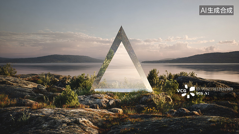 【AI数字艺术】自然景观中的透明金字塔装置艺术场景图片素材