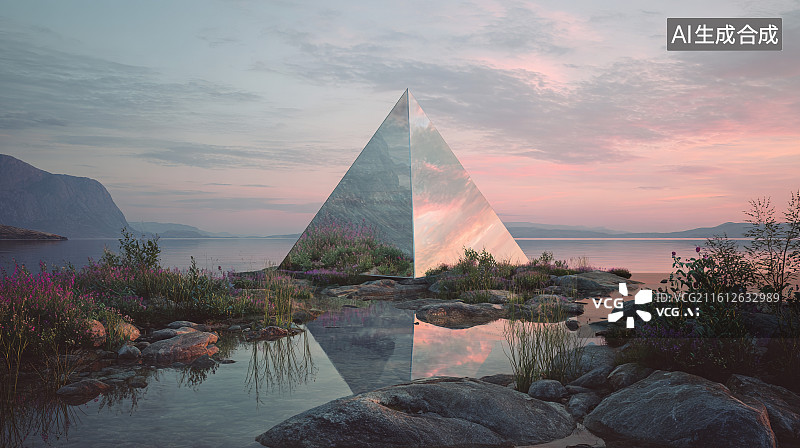 【AI数字艺术】自然景观中的透明金字塔装置艺术场景图片素材