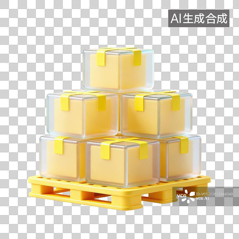 【AI数字艺术】3D磨砂玻璃材质堆叠在一起的纸箱周转箱物流仓储元素图片素材