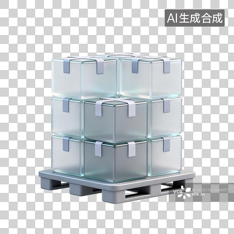 【AI数字艺术】3D磨砂玻璃材质堆叠在一起的纸箱周转箱物流仓储元素图片素材