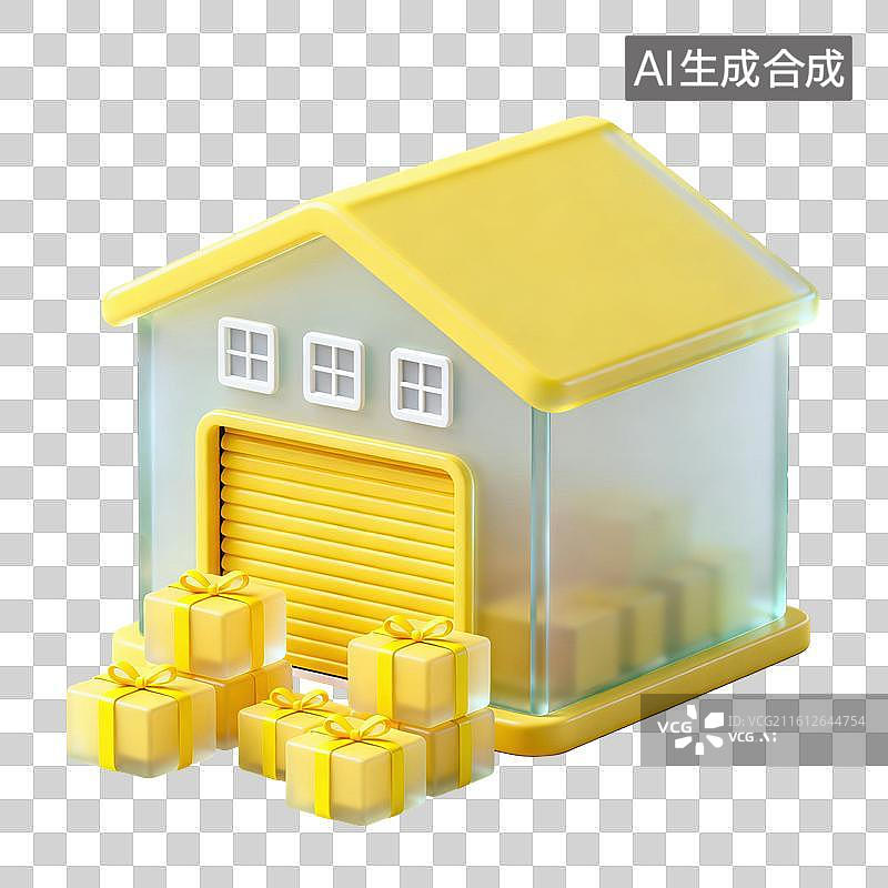 【AI数字艺术】3D磨砂玻璃材质快递驿站物流仓库门口堆满纸箱元素图片素材