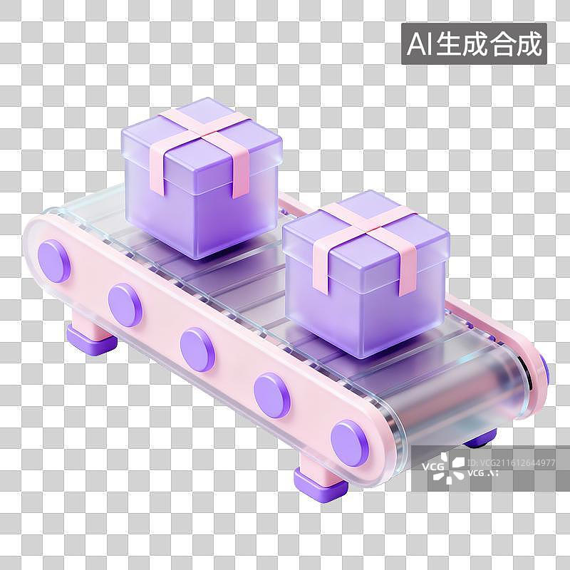 【AI数字艺术】3D磨砂玻璃材质电商购物主题传送带上的纸箱智能仓储智能物流元素图片素材