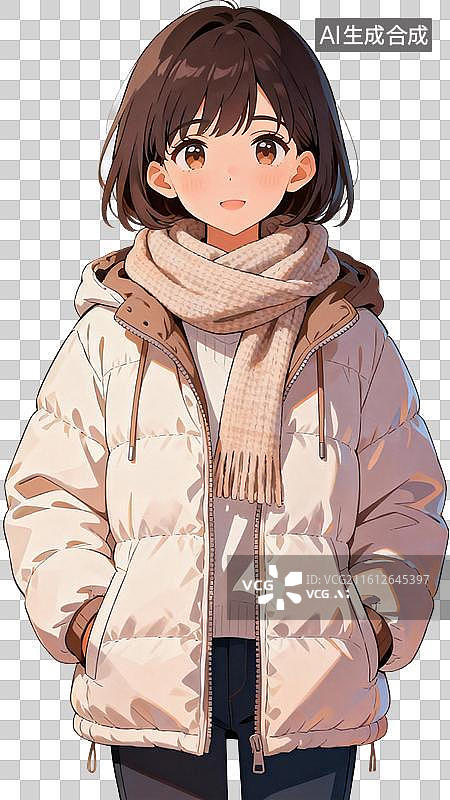 【AI数字艺术】卡通风格，穿着羽绒服的美女半身像PNG格式的免扣元素图片素材