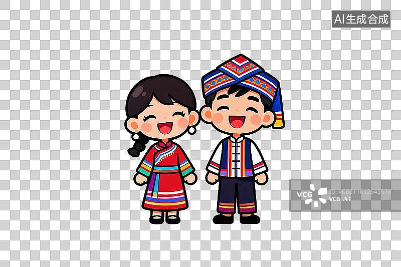 【AI数字艺术】卡通风格，一对微笑的壮族男女PNG格式的免扣元素图片素材