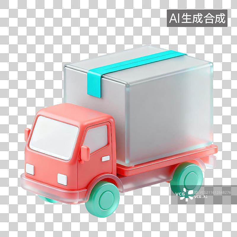 【AI数字艺术】3D磨砂玻璃材质电商购物主题拉快递的货车快递纸箱元素图片素材
