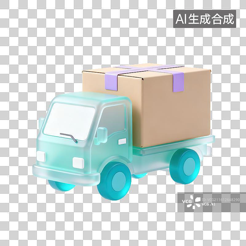 【AI数字艺术】3D磨砂玻璃材质电商购物主题拉快递的货车快递纸箱元素图片素材