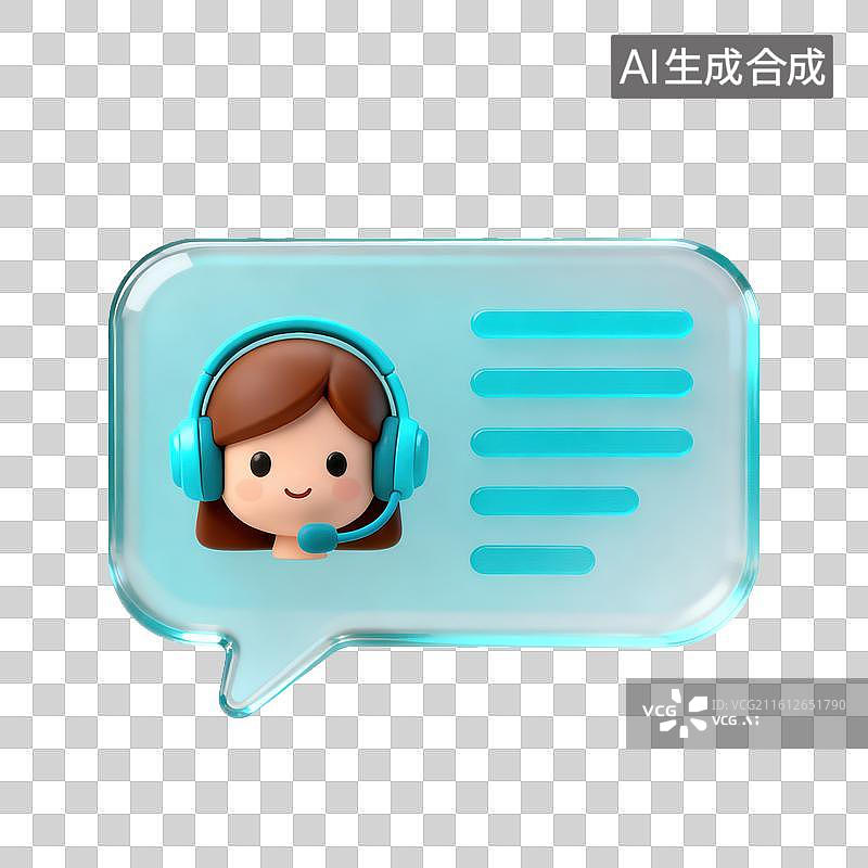 【AI数字艺术】3D磨砂玻璃材质戴耳机的女孩客服沟通对话气泡客服咨询在线沟通元素图片素材