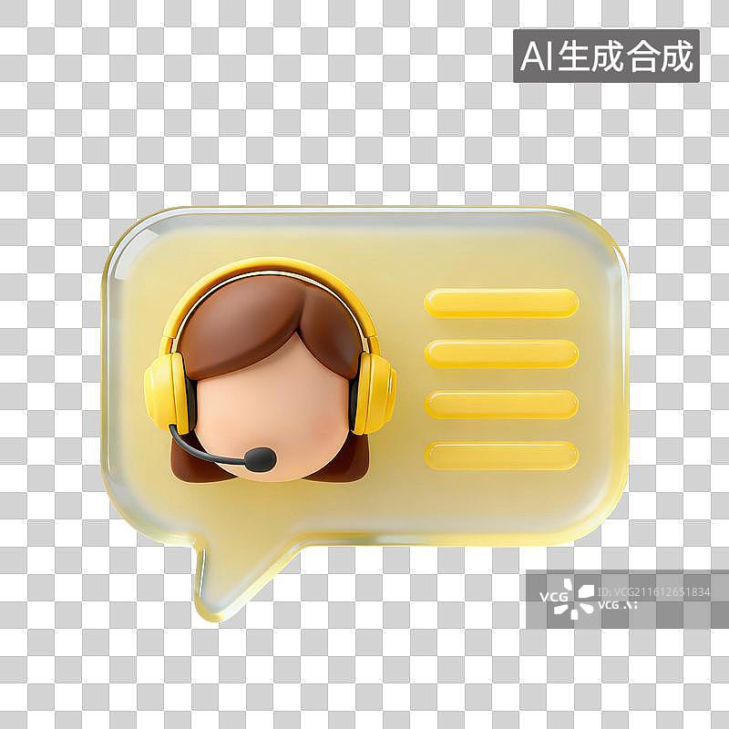 【AI数字艺术】3D磨砂玻璃材质戴耳机的女孩客服沟通对话气泡客服咨询在线沟通元素图片素材