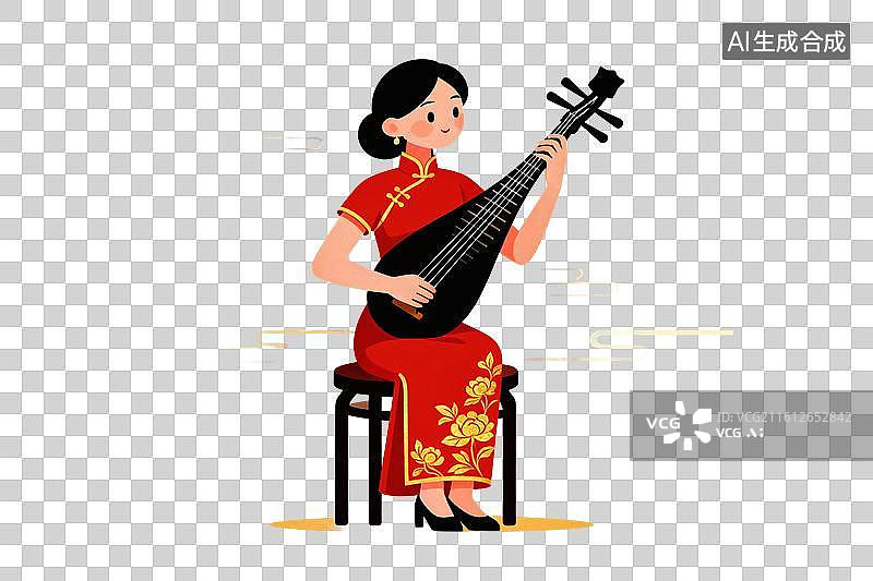 【AI数字艺术】卡通风格，坐在凳子上弹琵琶的美女PNG格式的免扣元素图片素材