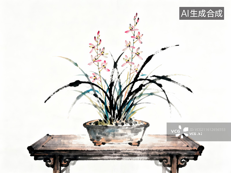 【AI数字艺术】传统案头兰花水墨图图片素材