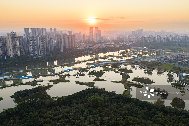 佛山市顺德区大良云鹭片区、云鹭湿地公园、鹭鸟天堂、顺德鹭鸟园、大良东区新城、大良东区日落航拍图片素材