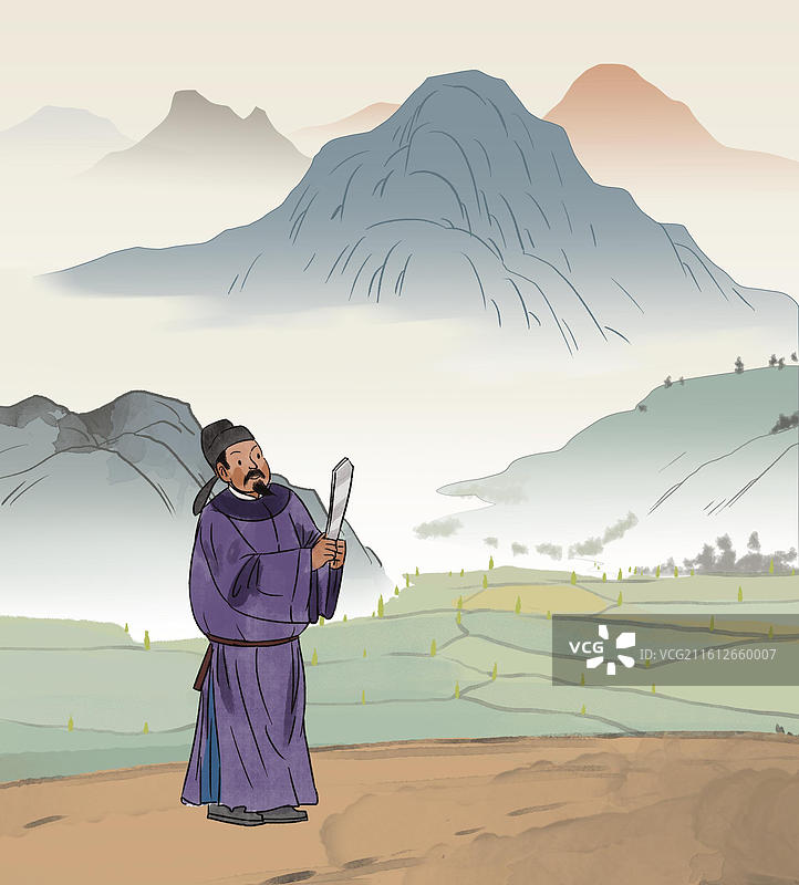 中国风新中式古风古典传统文化国学经典唐诗宋词中国画青绿山水湖边草地田园风光古人古时候日常生活趣味插画图片素材