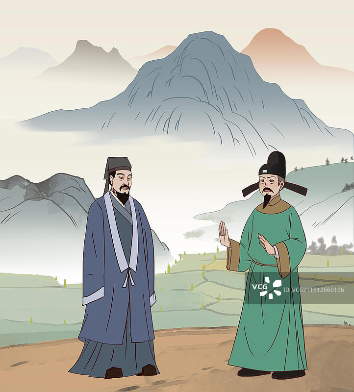 中国风新中式古风古典传统文化国学经典唐诗宋词中国画青绿山水湖边草地田园风光古人古时候日常生活趣味插画图片素材