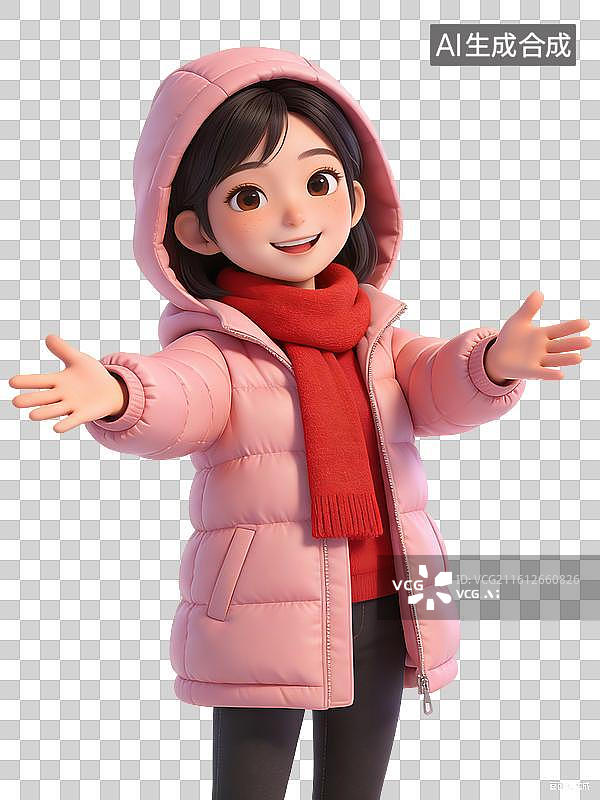 【AI数字艺术】一个穿着粉色棉服和红色围巾的年轻女孩，面带微笑，双手张开拥抱，活泼可爱图片素材