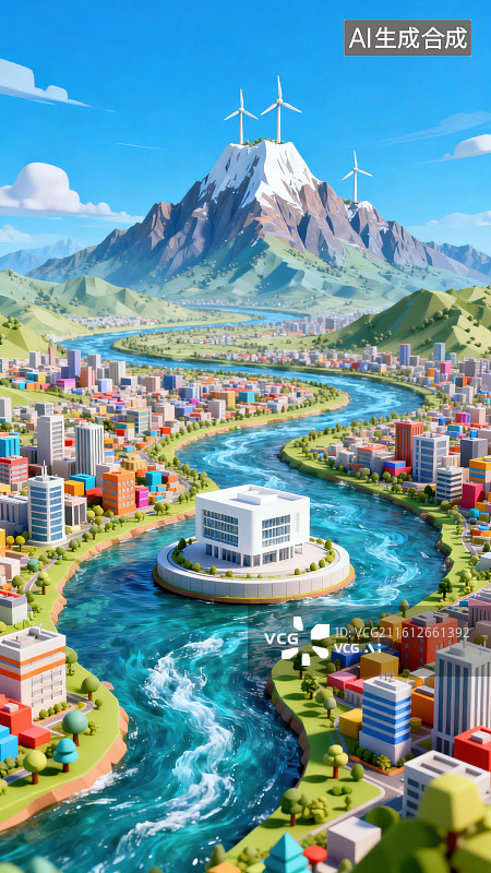 【AI数字艺术】河流穿城而过的城市景观图片素材