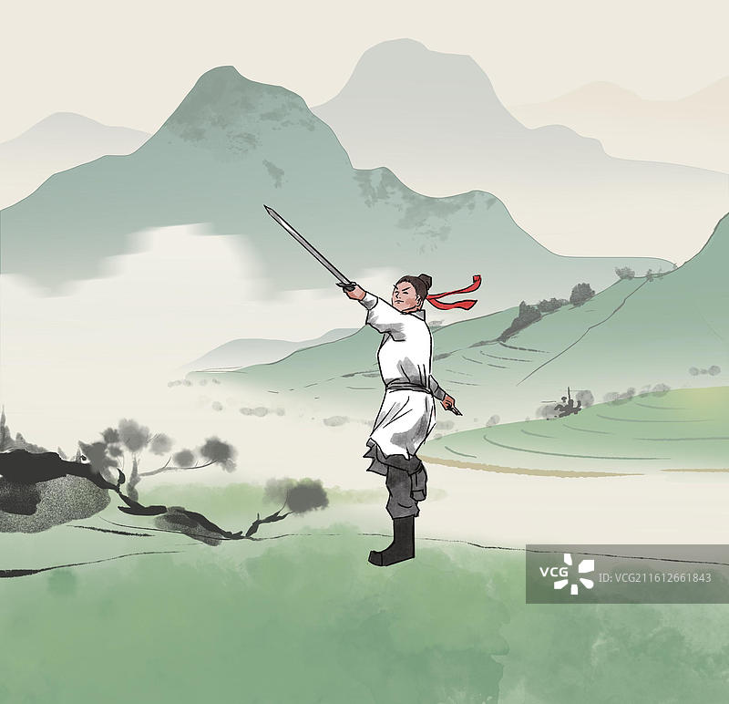 中国风新中式古风古典传统文化国学经典唐诗宋词中国画青绿山水湖边草地田园风光古人古时候武侠侠客插画图片素材