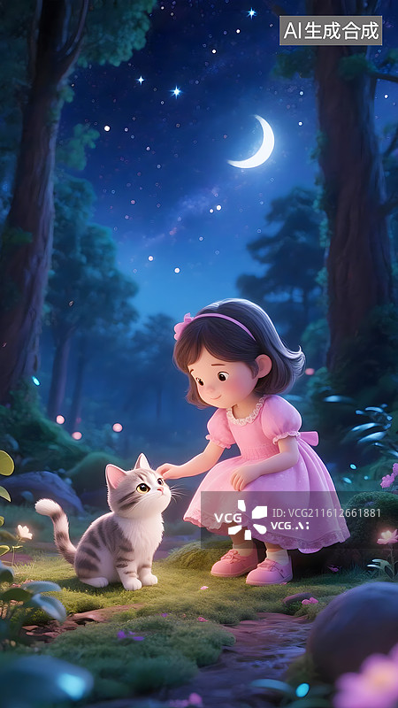 【AI数字艺术】AIGC：星空下可爱的猫咪和穿粉色连衣裙的小女孩，陪伴，宠物，童话故事，治愈系背景图片素材