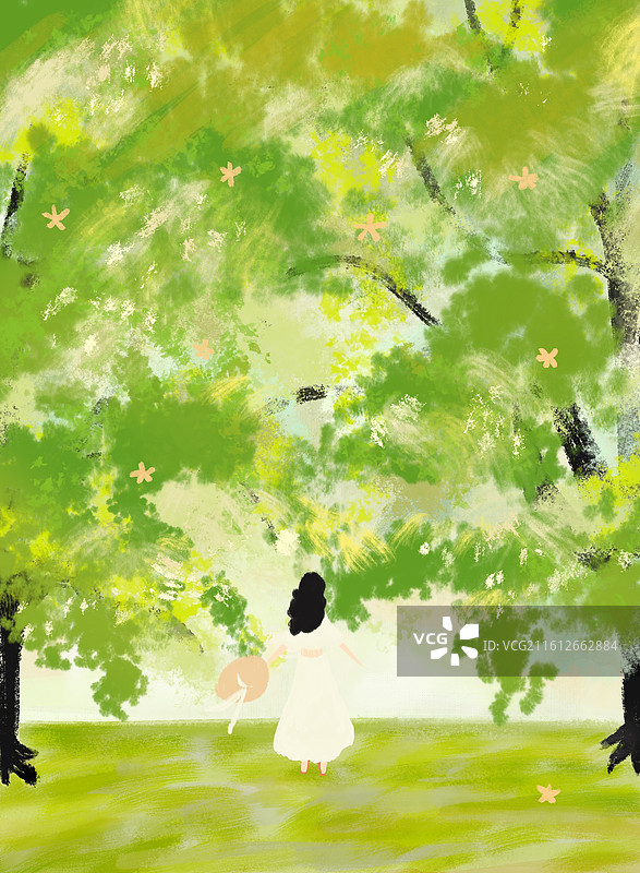 春天开始的旅行女孩大树风景海报治愈插画背景图片素材