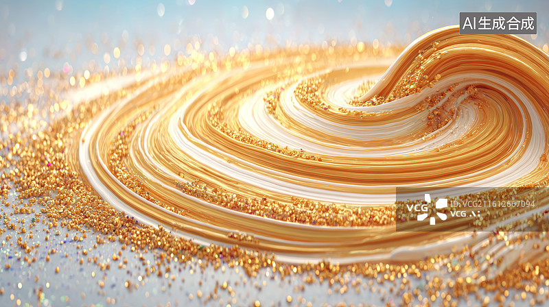 【AI数字艺术】金色漩涡状液体与闪光颗粒图片素材